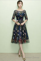 Navy Blue Floral Lace Short Bridesmaid Dress, Cute Blue Homecoming Dress Prom Dresses