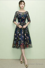 Navy Blue Floral Lace Short Bridesmaid Dresses, Cute Blue Homecoming Dress Prom Dress