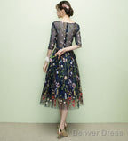Navy Blue Floral Lace Short Bridesmaid Dress, Cute Blue Homecoming Dress Prom Dresses