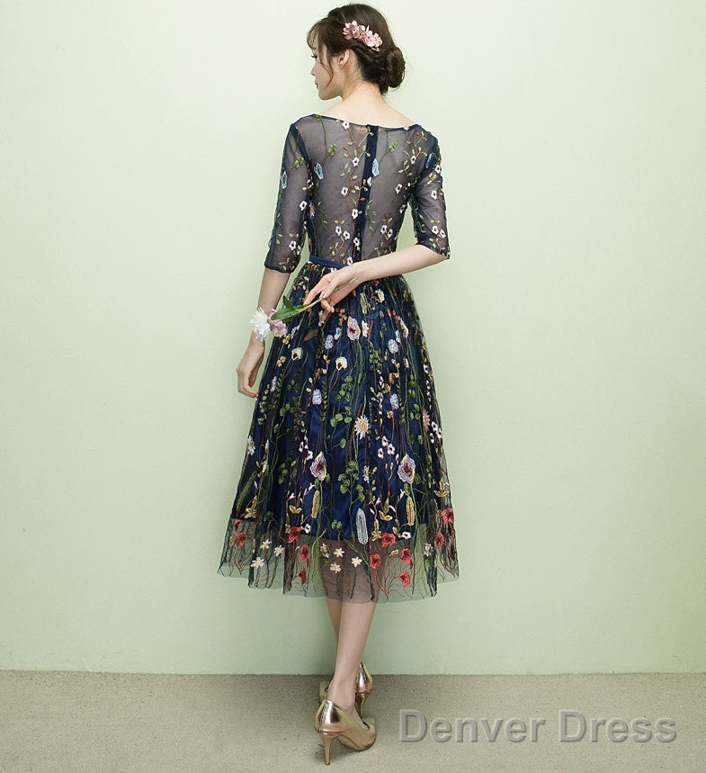 Navy Blue Floral Lace Short Bridesmaid Dress, Cute Blue Homecoming Dress Prom Dresses