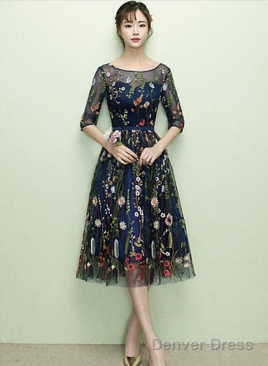 Navy Blue Floral Lace Short Bridesmaid Dress, Cute Blue Homecoming Dress Prom Dresses Main image