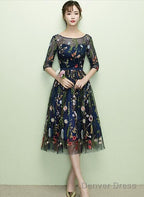 Navy Blue Floral Lace Short Bridesmaid Dress, Cute Blue Homecoming Dress Prom Dresses