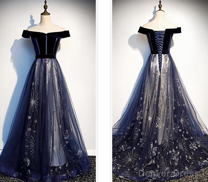 Navy Blue Floral Off Shoulder Velvet and Tulle Prom Dress, Blue Party Dress Formal Dress Secondary image