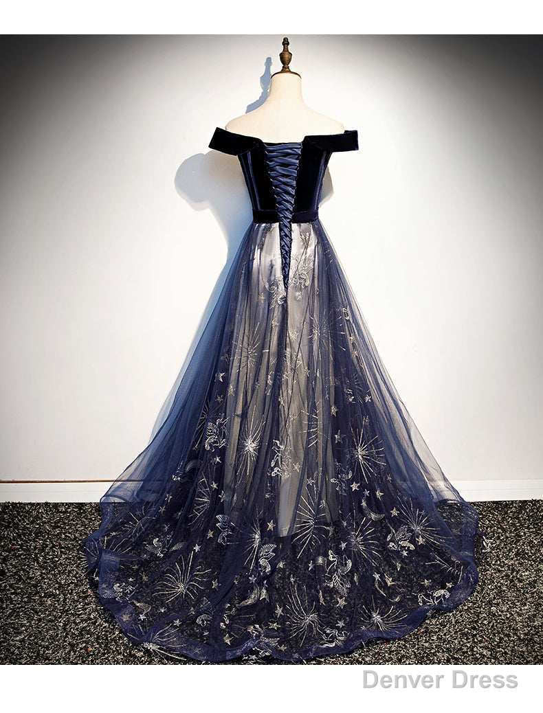 Navy Blue Floral Off Shoulder Velvet and Tulle Prom Dress, Blue Prom Dress