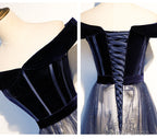 Navy Blue Floral Off Shoulder Velvet and Tulle Prom Dress, Blue Prom Dress