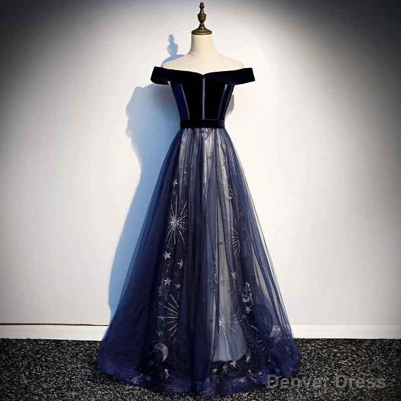 Navy Blue Floral Off Shoulder Velvet and Tulle Prom Dress, Blue Prom Dress