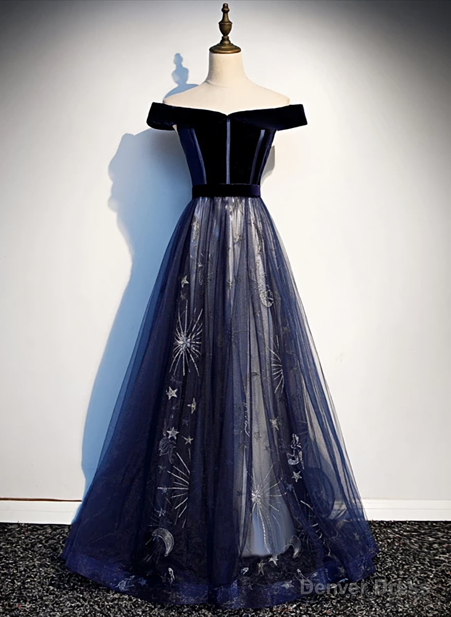 Navy Blue Floral Off Shoulder Velvet and Tulle Prom Dress, Blue Prom Dress
