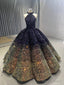 Navy Blue Gold Sequins Halter Prom Dresses