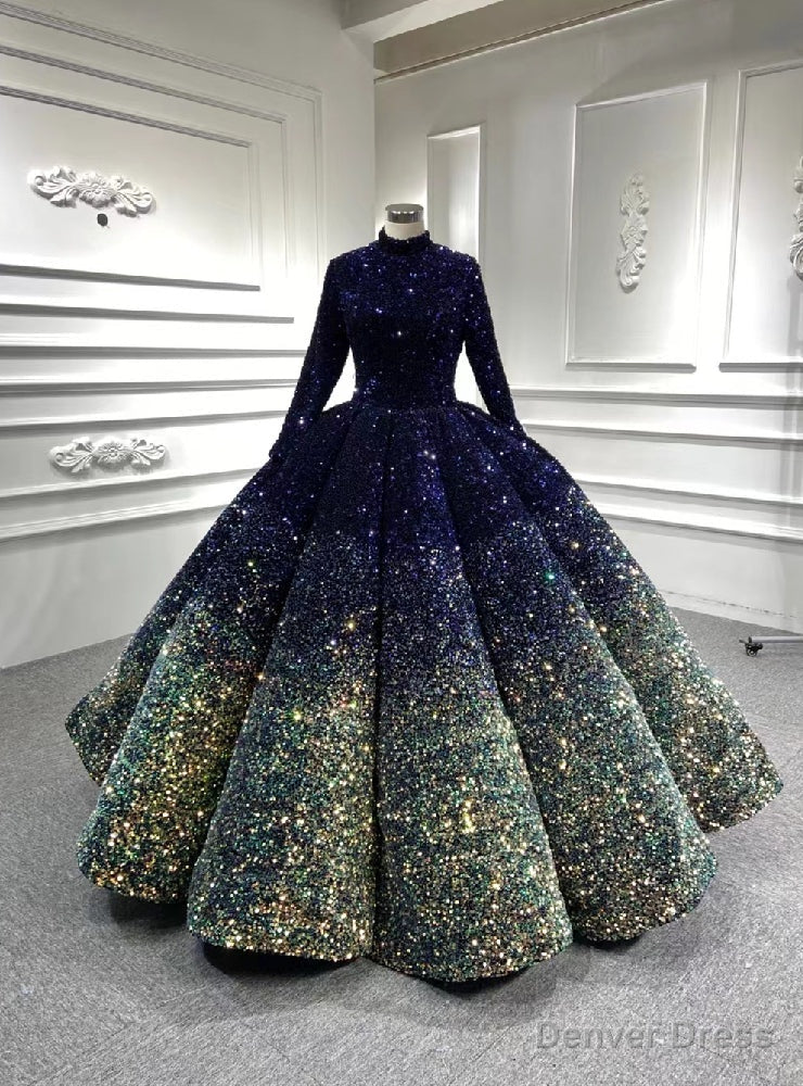 Navy Blue Green Sequins Long Sleeve Prom Dress