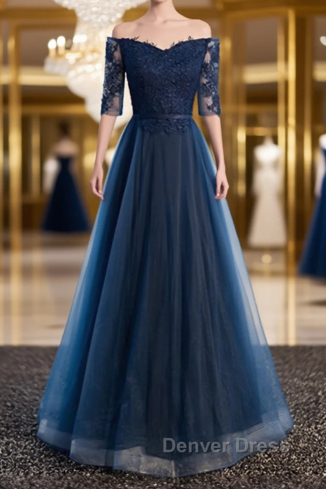 Navy Blue Half Sleeves Lace Long Prom Dress, Navy Blue Lace Prom Dresses Main image