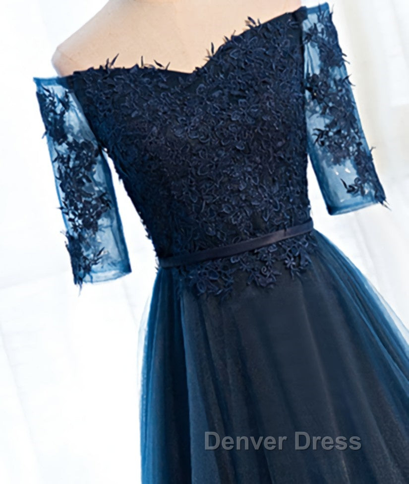 Navy Blue Half Sleeves Lace Long Prom Dress, Navy Blue Lace Prom Dresses