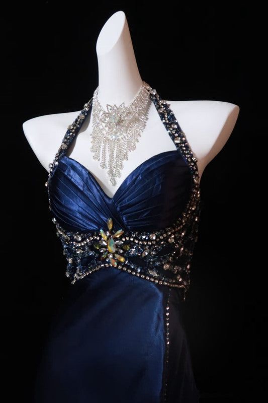 Navy Blue Halter Beaded Prom Dress Long Prom Dresses