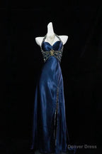 Navy Blue Halter Beaded Prom Dress Long Prom Dresses