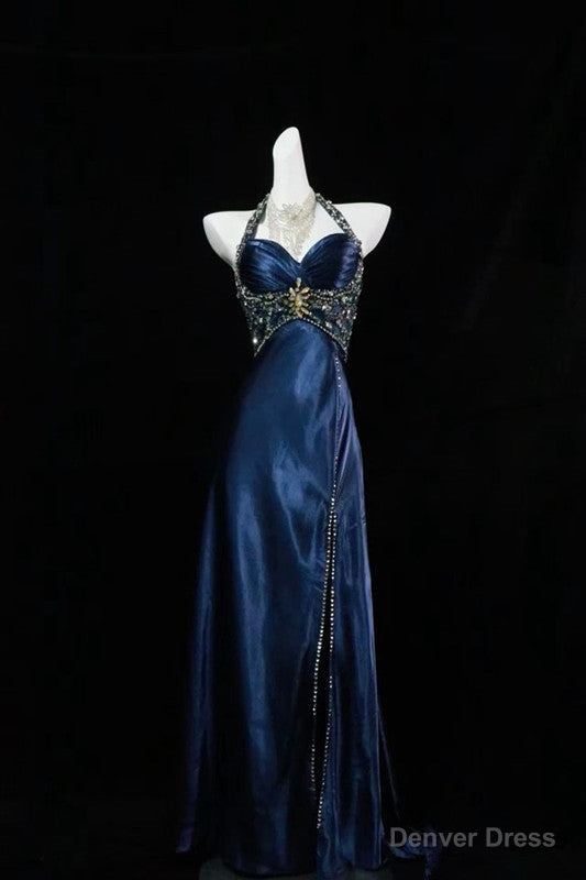 Navy Blue Halter Beaded Prom Dress Long Evening Dress Main image