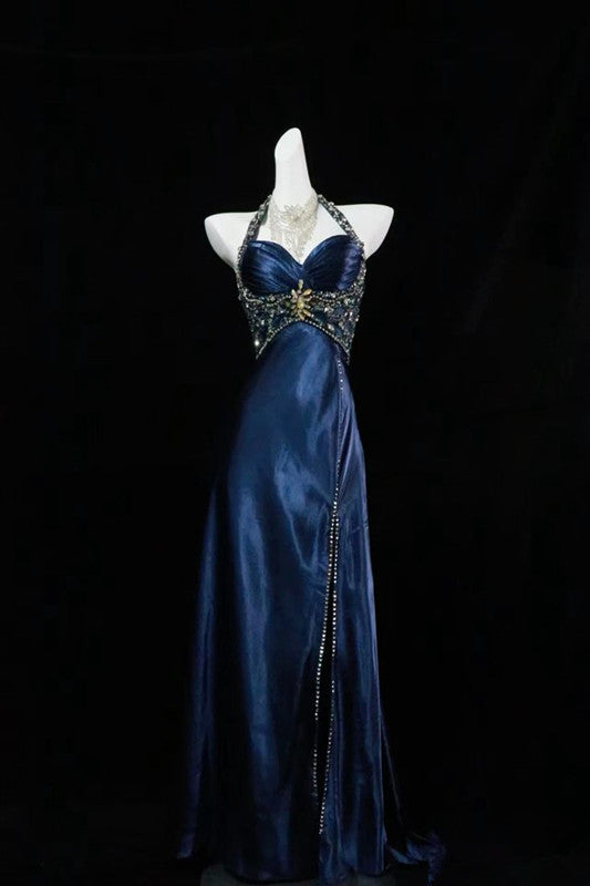 Navy Blue Halter Beaded Prom Dress Long Prom Dresses Main image