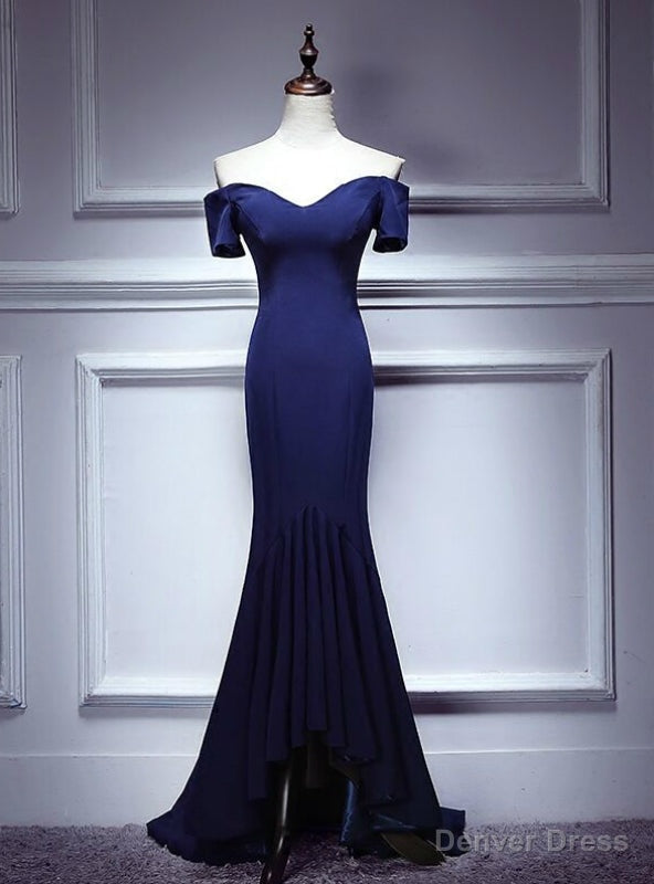 Navy Blue Mermaid Off the Shoulder Prom Dresses
