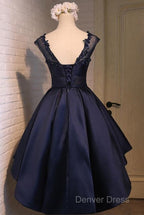 Navy Blue High Low Homecoming Dresses, Lovely Teen Formal Dresses, Evening Party Dresses Short