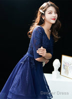 Navy Blue High Low Tulle With Lace Prom Dress, Blue Homecoming Dress Prom Dresses