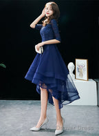 Navy Blue High Low Tulle With Lace Prom Dress, Blue Homecoming Dress Prom Dresses
