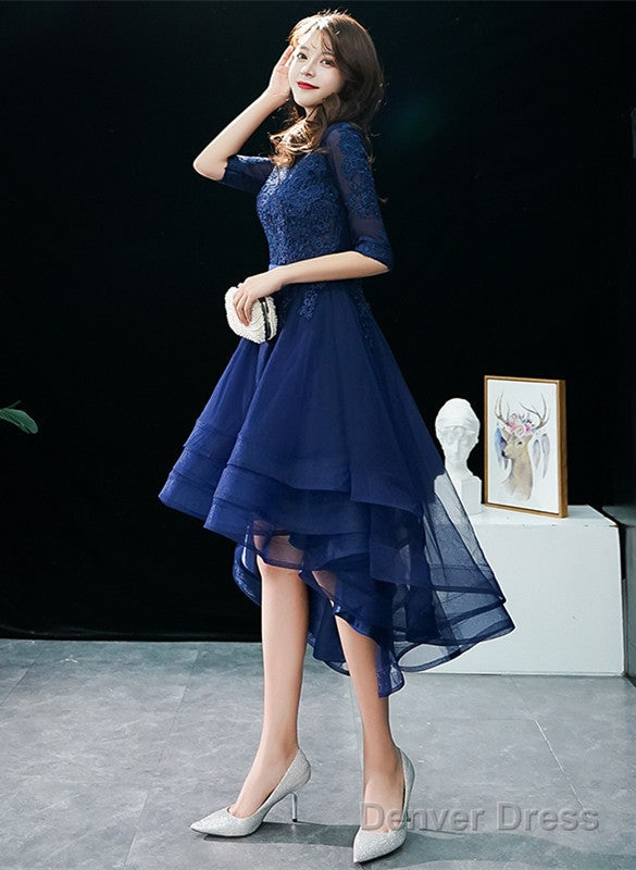Navy Blue High Low Tulle With Lace Prom Dress, Blue Homecoming Dress Prom Dresses