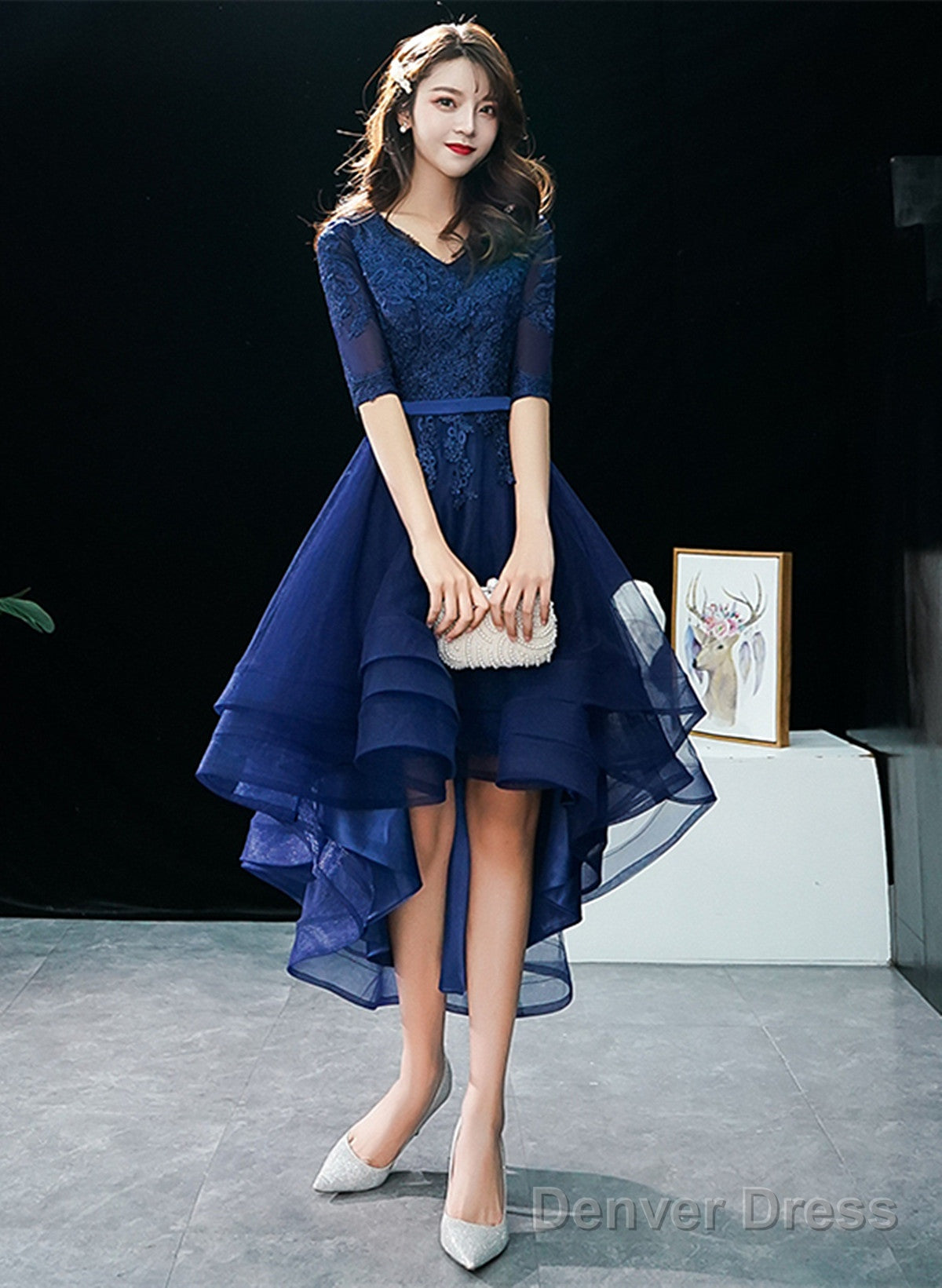 Navy Blue High Low Tulle With Lace Party Dress, Blue Homecoming Dress Prom Dress