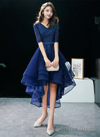 Navy Blue High Low Tulle With Lace Prom Dress, Blue Homecoming Dress Prom Dresses