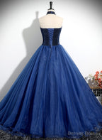 Navy Blue High Neckline Tulle Long Prom Dress, Navy Blue Ball Gowns Prom Dresses
