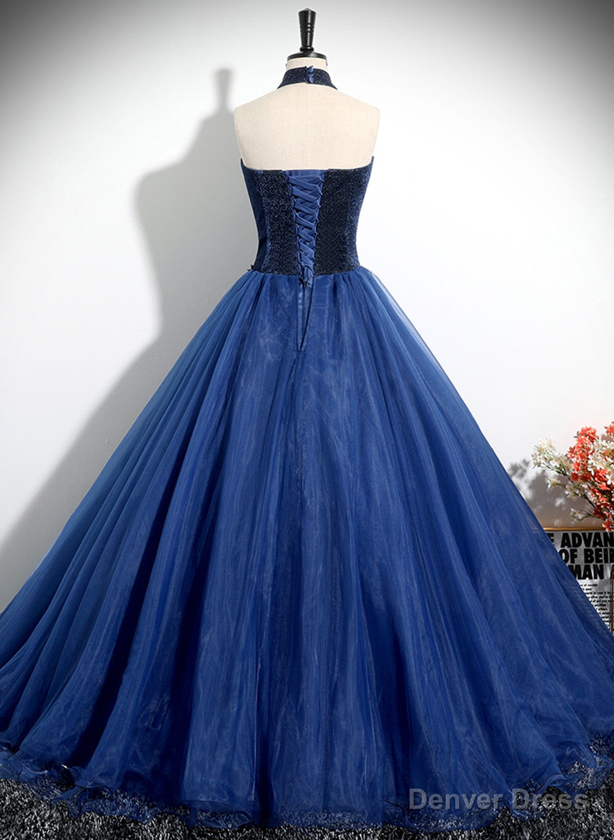 Navy Blue High Neckline Tulle Long Prom Dress, Navy Blue Ball Gowns Prom Dresses