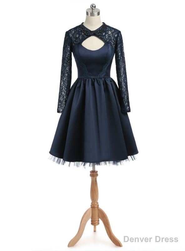 Navy Blue Homecoming Dresses A Line High Collar Long Sleeves