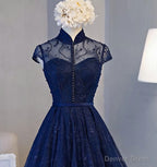 Navy Blue Knee Length Lace Prom Dress, Homecoming Dresses