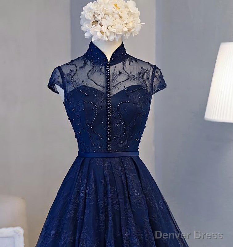 Navy Blue Knee Length Lace Prom Dress, Homecoming Dresses