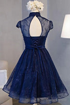 Navy Blue Knee Length Lace Prom Dress, Homecoming Dresses
