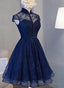 Navy Blue Knee Length Lace Prom Dress, Homecoming Dresses