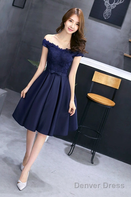 Navy Blue Lace And Satin Off Shoulder Prom Dress With Bow, Cute Homecoming Dresses Secondary image