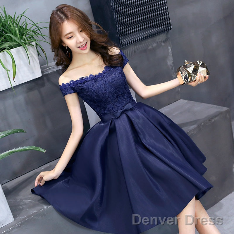 Navy Blue Lace And Satin Off Shoulder Prom Dress With Bow, Cute Homecoming Dresses