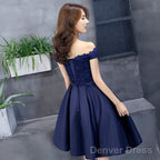 Navy Blue Lace And Satin Off Shoulder Prom Dress With Bow, Cute Homecoming Dresses