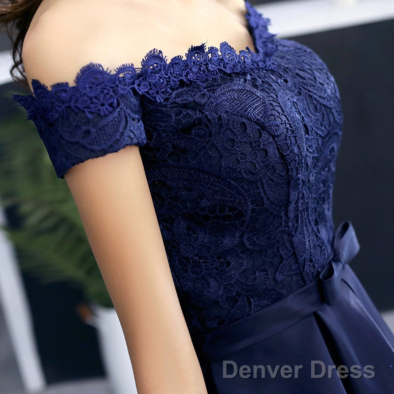 Navy Blue Lace And Satin Off Shoulder Party Dress With Bow, Cute Homecoming Dresses