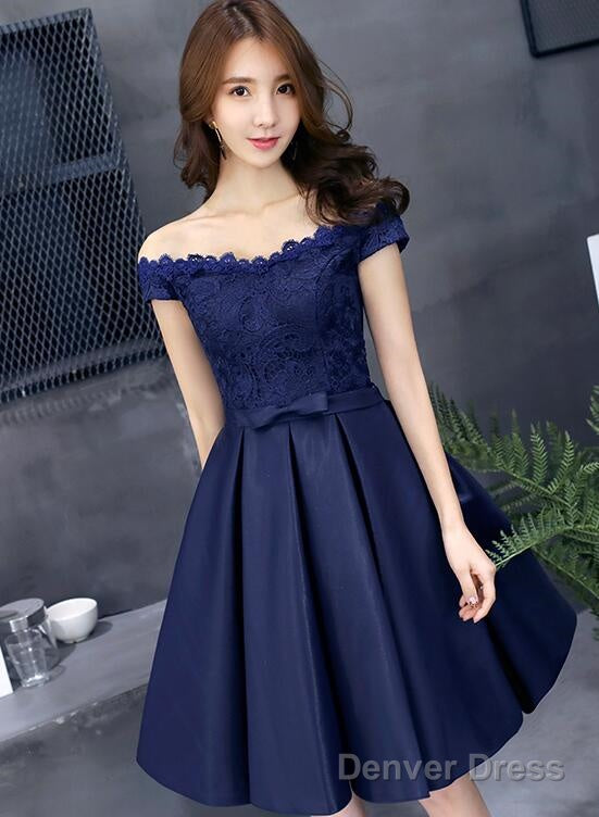 Navy Blue Lace And Satin Off Shoulder Prom Dress With Bow, Cute Homecoming Dresses Main image