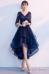 Navy Blue Lace And Tulle Layers V-Neckline High Low Party Dress, Blue Short Prom Dress