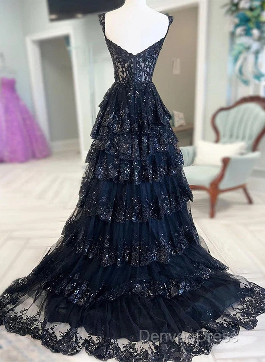 Navy Blue Lace And Tulle Sweetheart Long Formal Dresses, Navy Blue Prom Dresses Secondary image