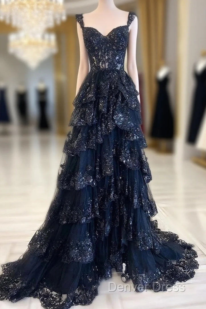 Navy Blue Lace And Tulle Sweetheart Long Formal Dresses, Navy Blue Prom Dresses Main image
