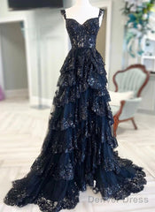 Navy Blue Lace And Tulle Sweetheart Long Formal Dress, Navy Blue Prom Dress