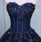 Navy Blue Lace Applique Tulle Long Party Dress, Blue Formal Gown
