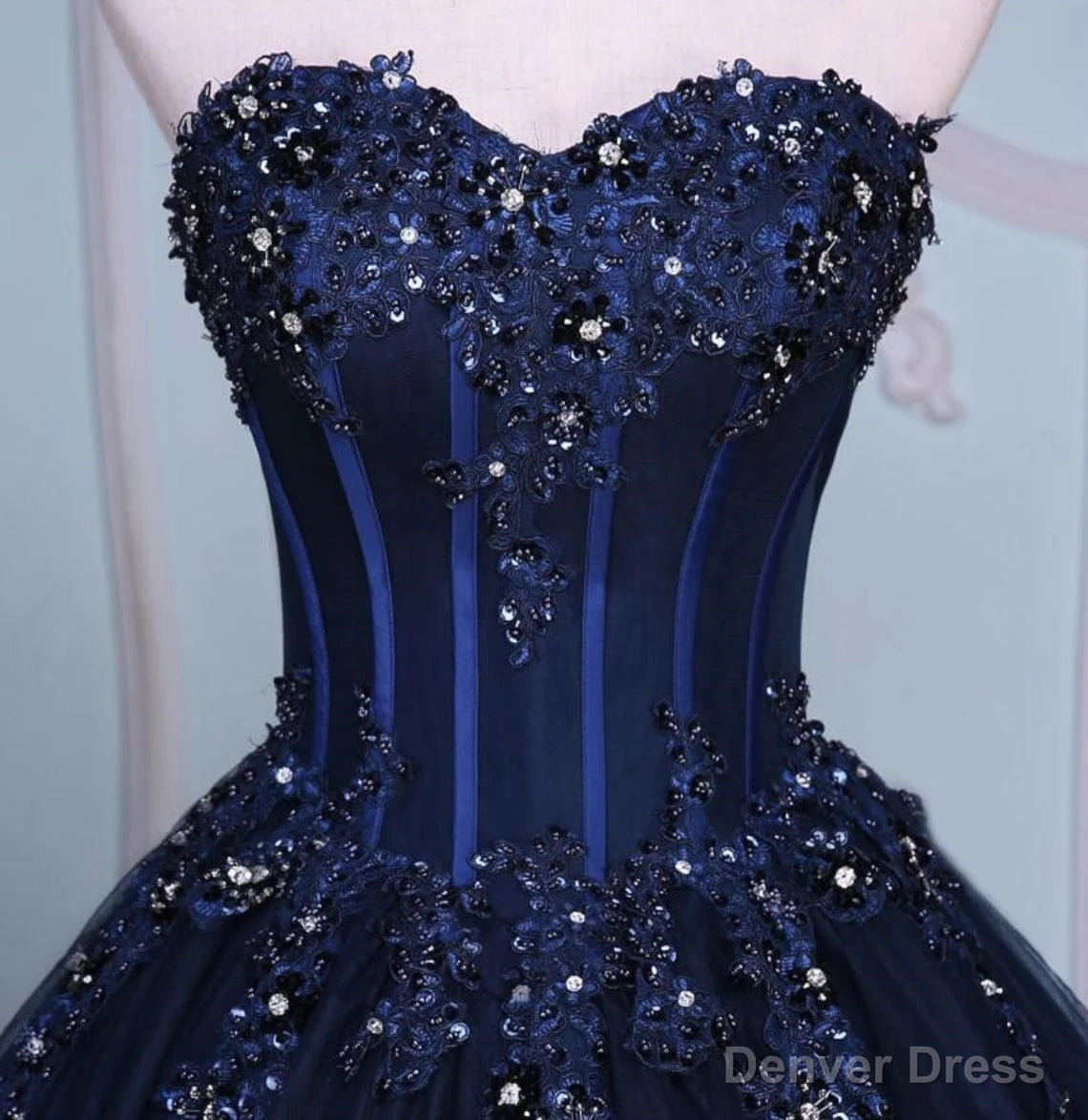 Navy Blue Lace Applique Tulle Long Party Dress, Blue Formal Gown