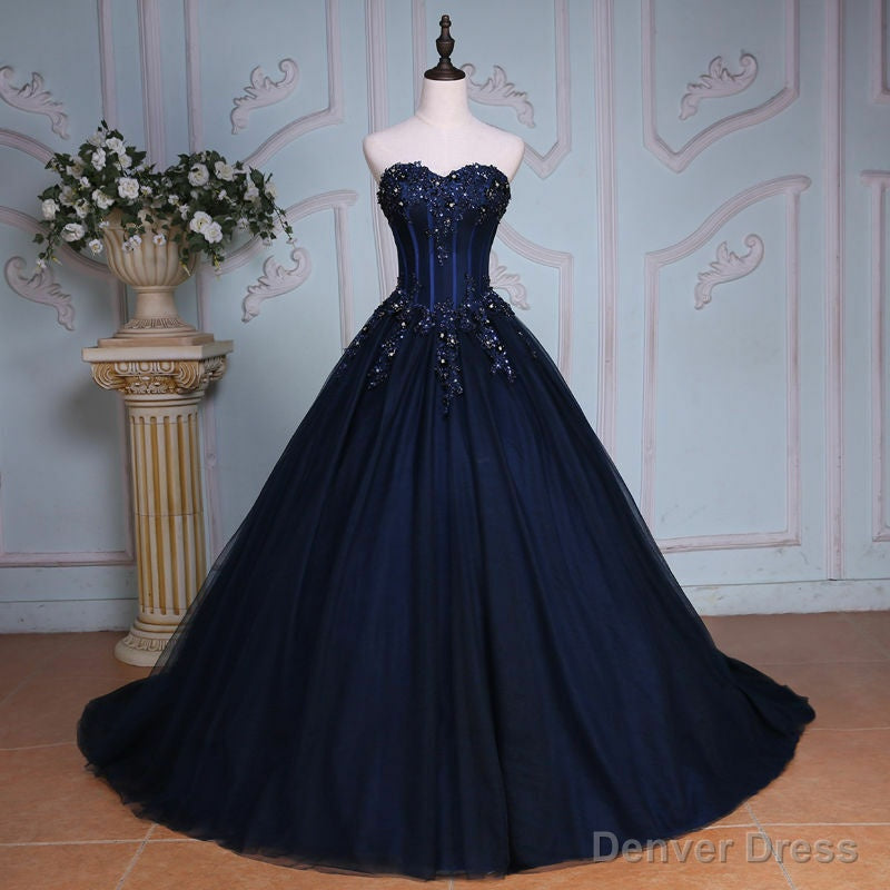 Navy Blue Lace Applique Tulle Long Prom Dresses, Blue Prom Gowns