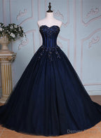 Navy Blue Lace Applique Tulle Long Prom Dresses, Blue Prom Gowns