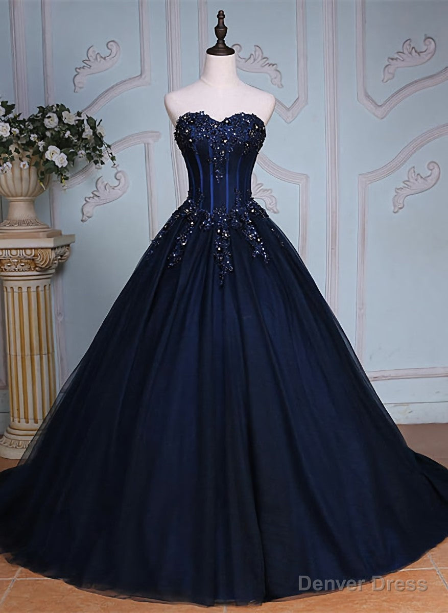 Navy Blue Lace Applique Tulle Long Prom Dresses, Blue Prom Gowns