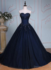 Navy Blue Lace Applique Tulle Long Party Dress, Blue Formal Gown