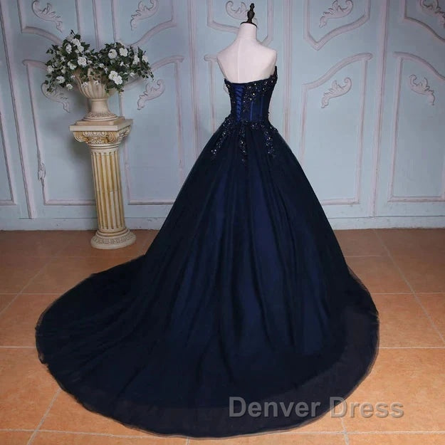 Navy Blue Lace Applique Tulle Long Party Dresses Formal Gown Off Shoulder Floor Length Prom Dresses Secondary image
