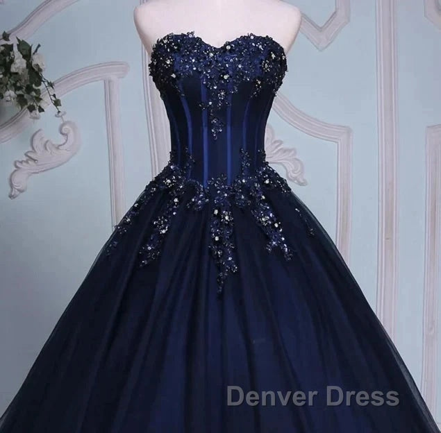 Navy Blue Lace Applique Tulle Long Party Dresses Formal Gown Off Shoulder Floor Length Prom Dresses